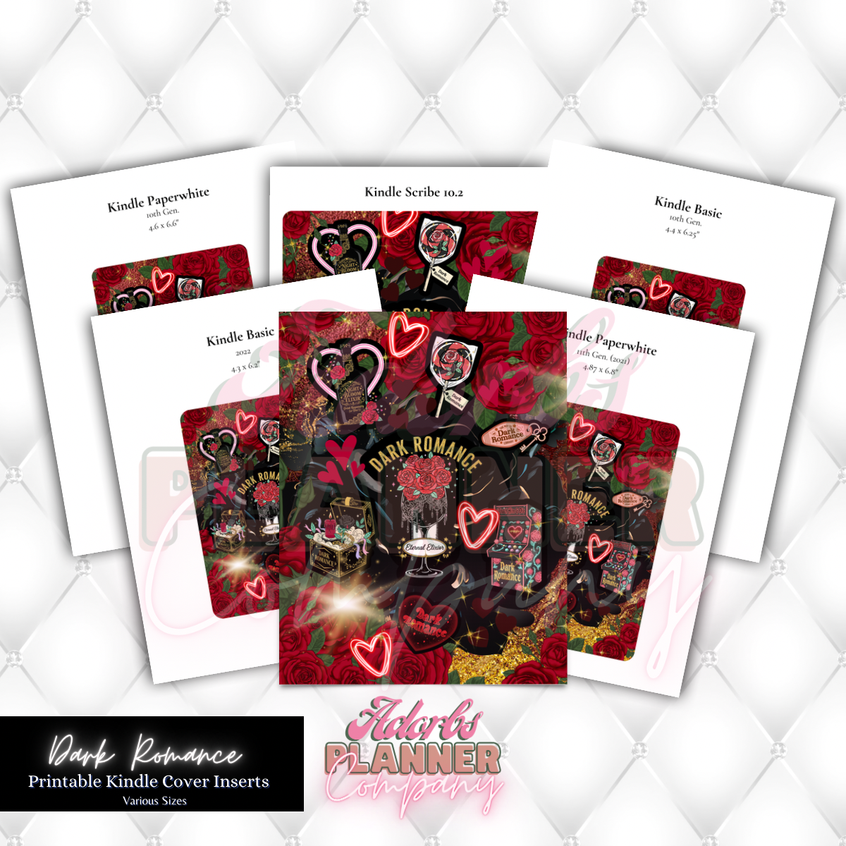 Dark Romance Kindle Insert | E-Reader Insert | Book Lover Gift | Bookish Stationery | Printable | INSTANT DOWNLOAD |Various Sizes | Handmade by Adorbs Planner Company #DKRM2601