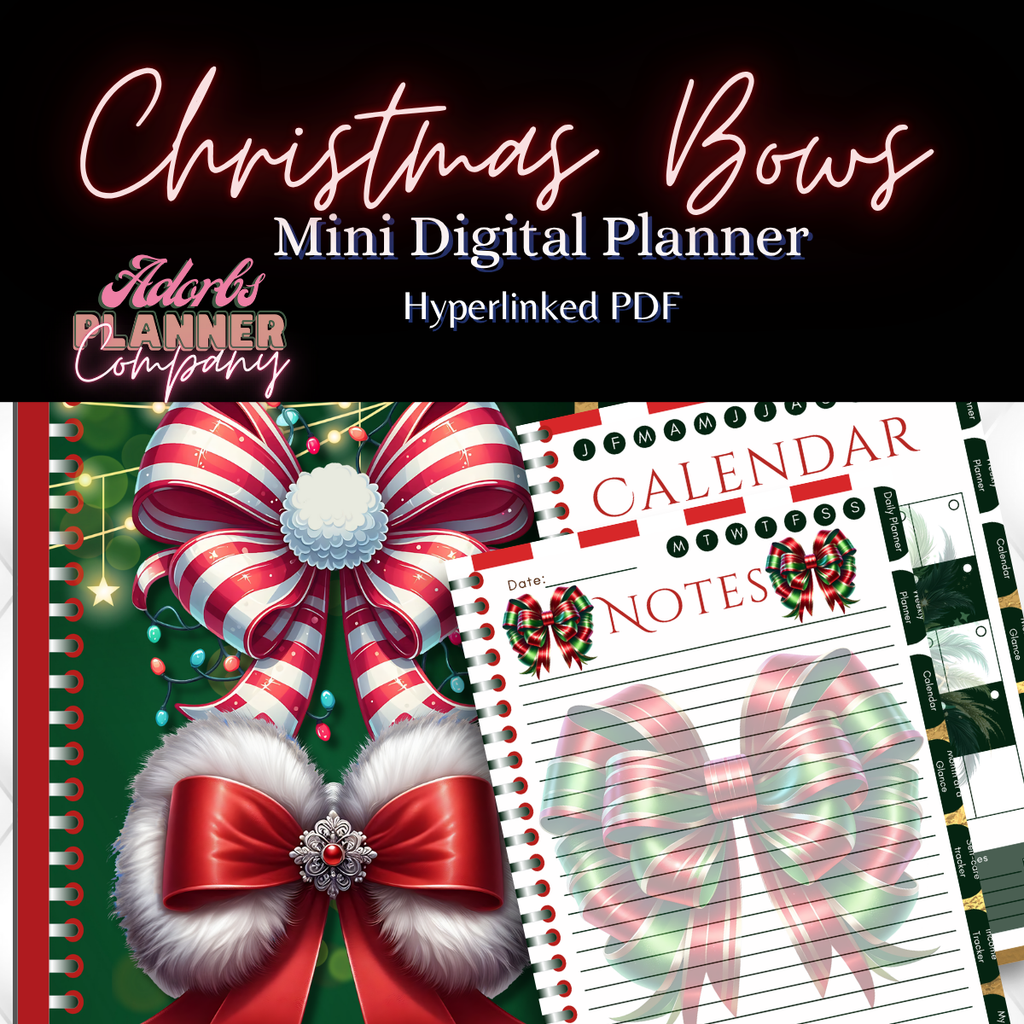 Christmas Bows | Beautiful Christmas | Happy Holidays | Undated Digital Mini Planner | PDF | Hyperlinked Tabs | 20 Pages | Income Tracker |Self Care Tracker | Month At A Glance
