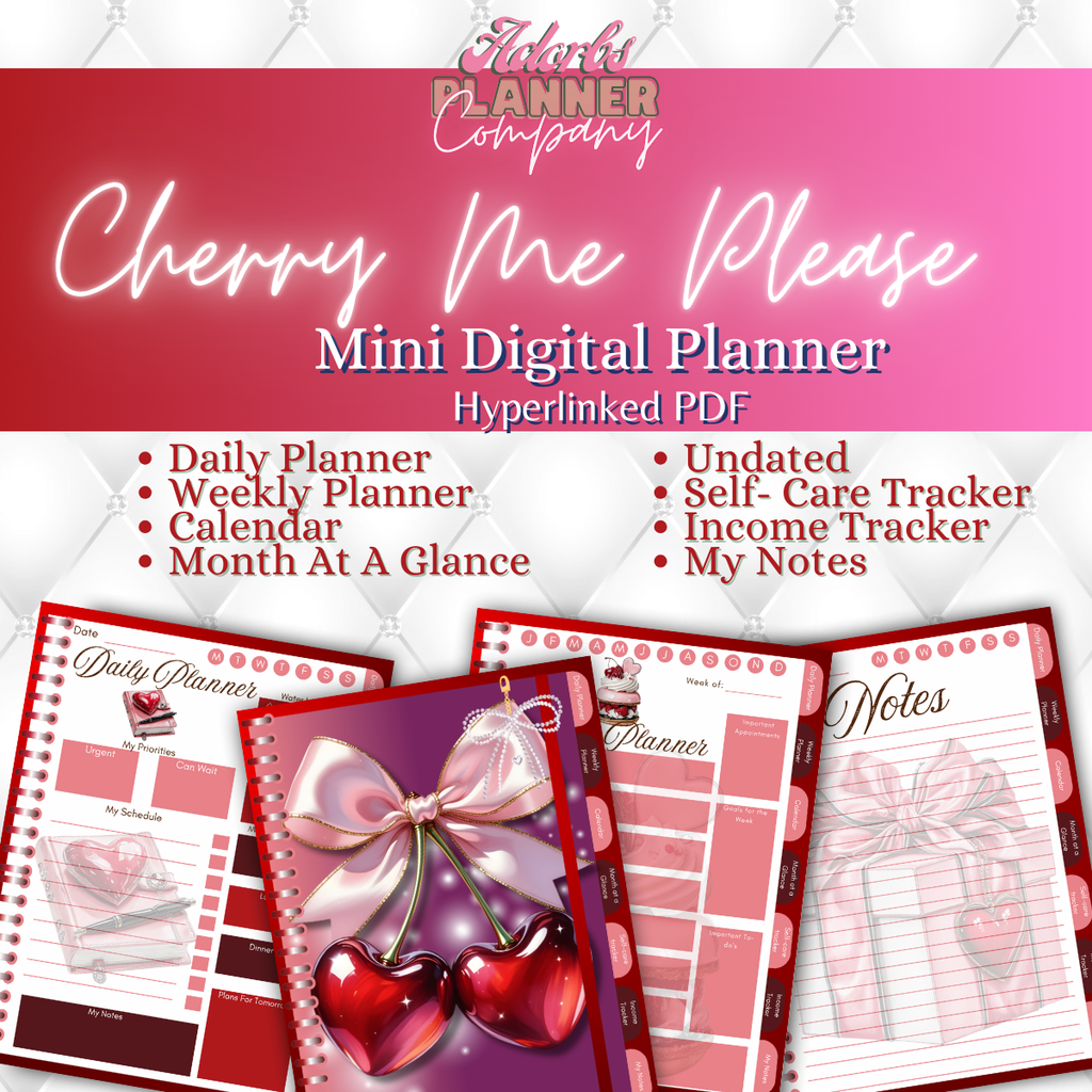 Cherry Me Please | Romance | Valentines | Undated Digital Mini Planner | PDF | Hyperlinked Tabs | 20 Pages | Income Tracker |Self Care Tracker | Month At A Glance