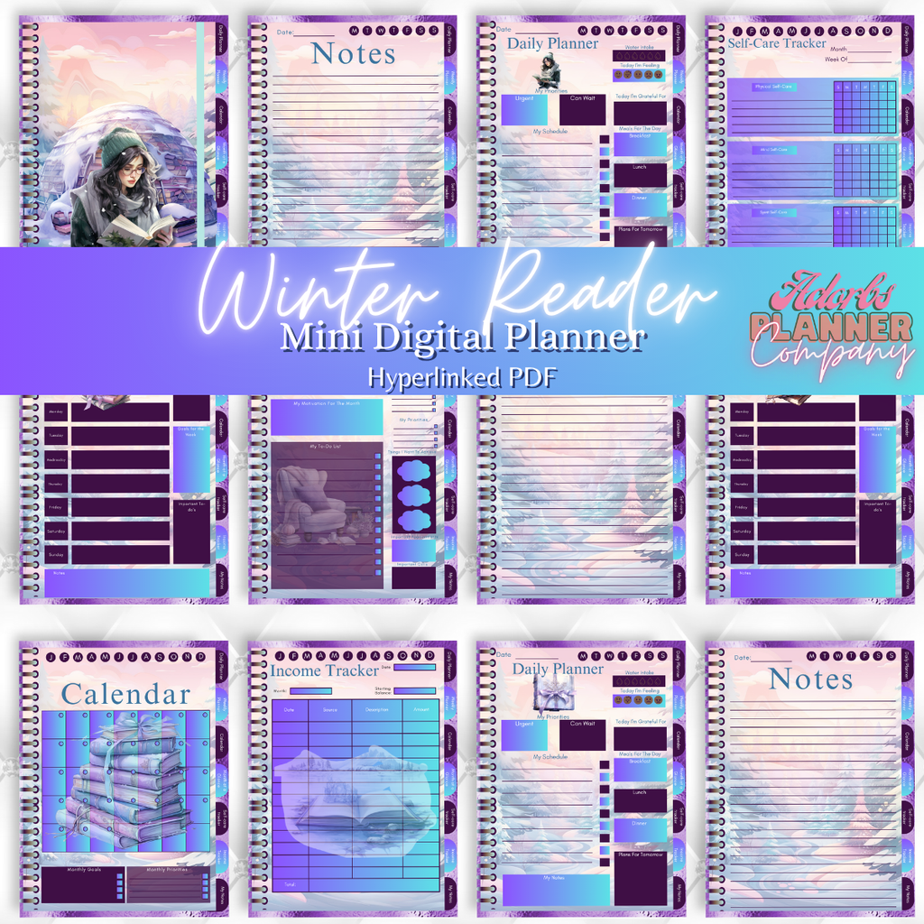 Winter Reader | Beautiful Snow | Happy Holidays | Bookish | Undated Digital Mini Planner | PDF | Hyperlinked Tabs | 20 Pages | Income Tracker |Self Care Tracker | Month At A Glance