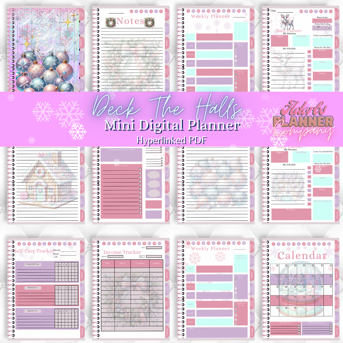 Deck The Halls Undated Digital Mini Planner | PDF | Hyperlinked Tabs | 20 Pages | Income Tracker | Self Care Tracker | Month At A Glance | Christmas | Snowflakes