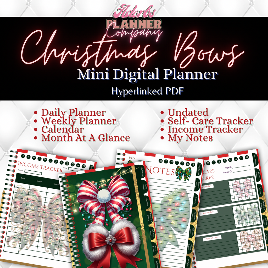 Christmas Bows | Beautiful Christmas | Happy Holidays | Undated Digital Mini Planner | PDF | Hyperlinked Tabs | 20 Pages | Income Tracker |Self Care Tracker | Month At A Glance