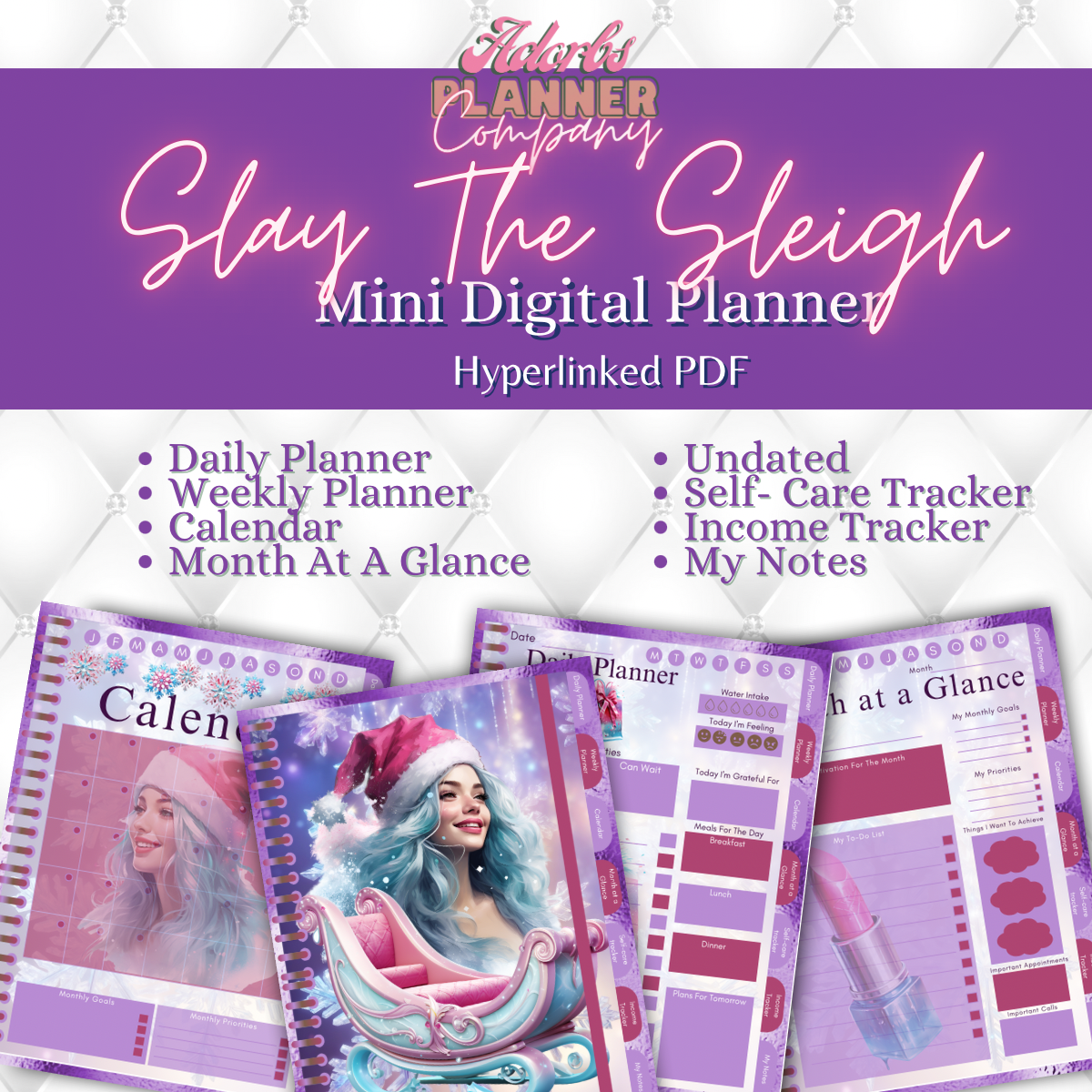 Slay The Sleigh | Beautiful Christmas | Happy Holidays | Undated Digital Mini Planner | PDF | Hyperlinked Tabs | 20 Pages | Income Tracker |Self Care Tracker | Month At A Glance