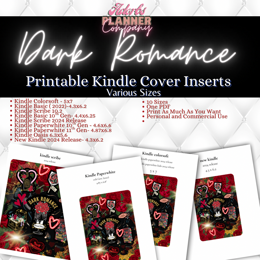 Dark Romance Kindle Insert | E-Reader Insert | Book Lover Gift | Bookish Stationery | Printable | INSTANT DOWNLOAD |Various Sizes | Handmade by Adorbs Planner Company #DKRM2601