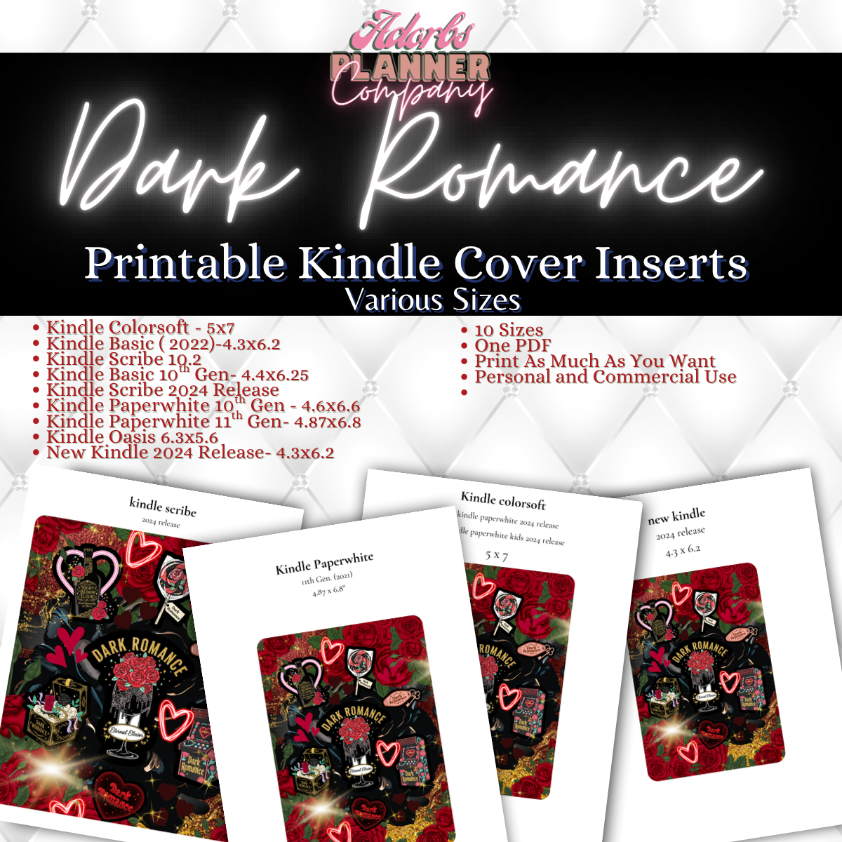 Dark Romance Kindle Insert | E-Reader Insert | Book Lover Gift | Bookish Stationery | Printable | INSTANT DOWNLOAD |Various Sizes | Handmade by Adorbs Planner Company #DKRM2601