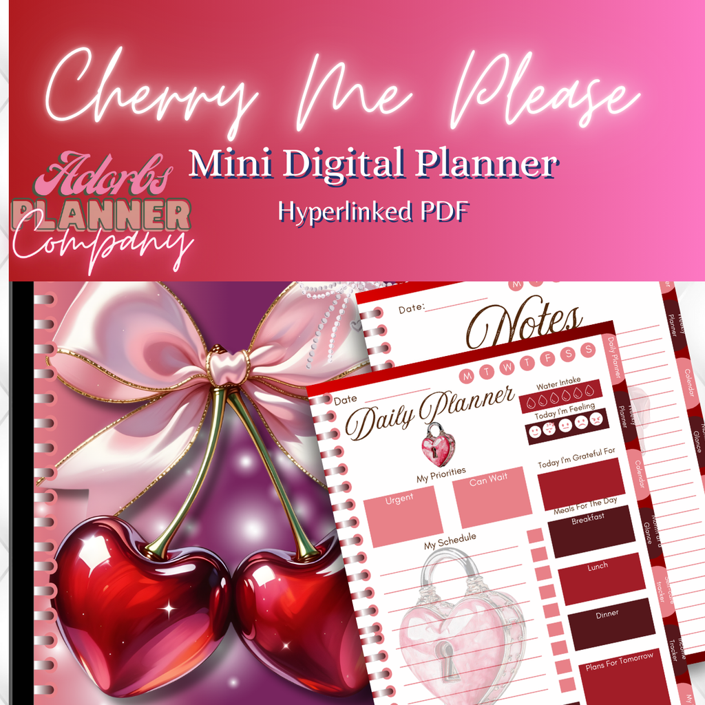 Cherry Me Please | Romance | Valentines | Undated Digital Mini Planner | PDF | Hyperlinked Tabs | 20 Pages | Income Tracker |Self Care Tracker | Month At A Glance