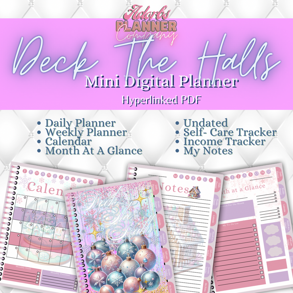 Deck The Halls Undated Digital Mini Planner | PDF | Hyperlinked Tabs | 20 Pages | Income Tracker | Self Care Tracker | Month At A Glance | Christmas | Snowflakes