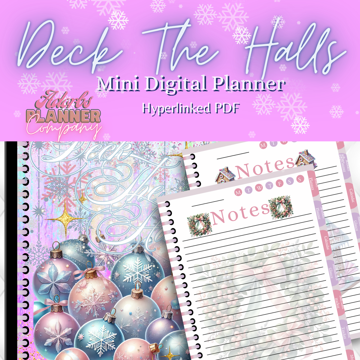 Deck The Halls Undated Digital Mini Planner | PDF | Hyperlinked Tabs | 20 Pages | Income Tracker | Self Care Tracker | Month At A Glance | Christmas | Snowflakes