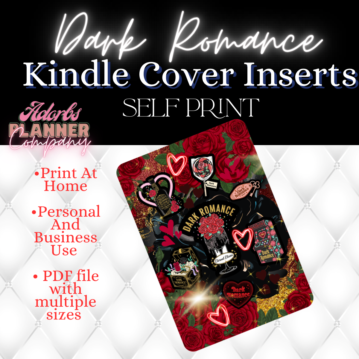 Dark Romance Kindle Insert | E-Reader Insert | Book Lover Gift | Bookish Stationery | Printable | INSTANT DOWNLOAD |Various Sizes | Handmade by Adorbs Planner Company #DKRM2601