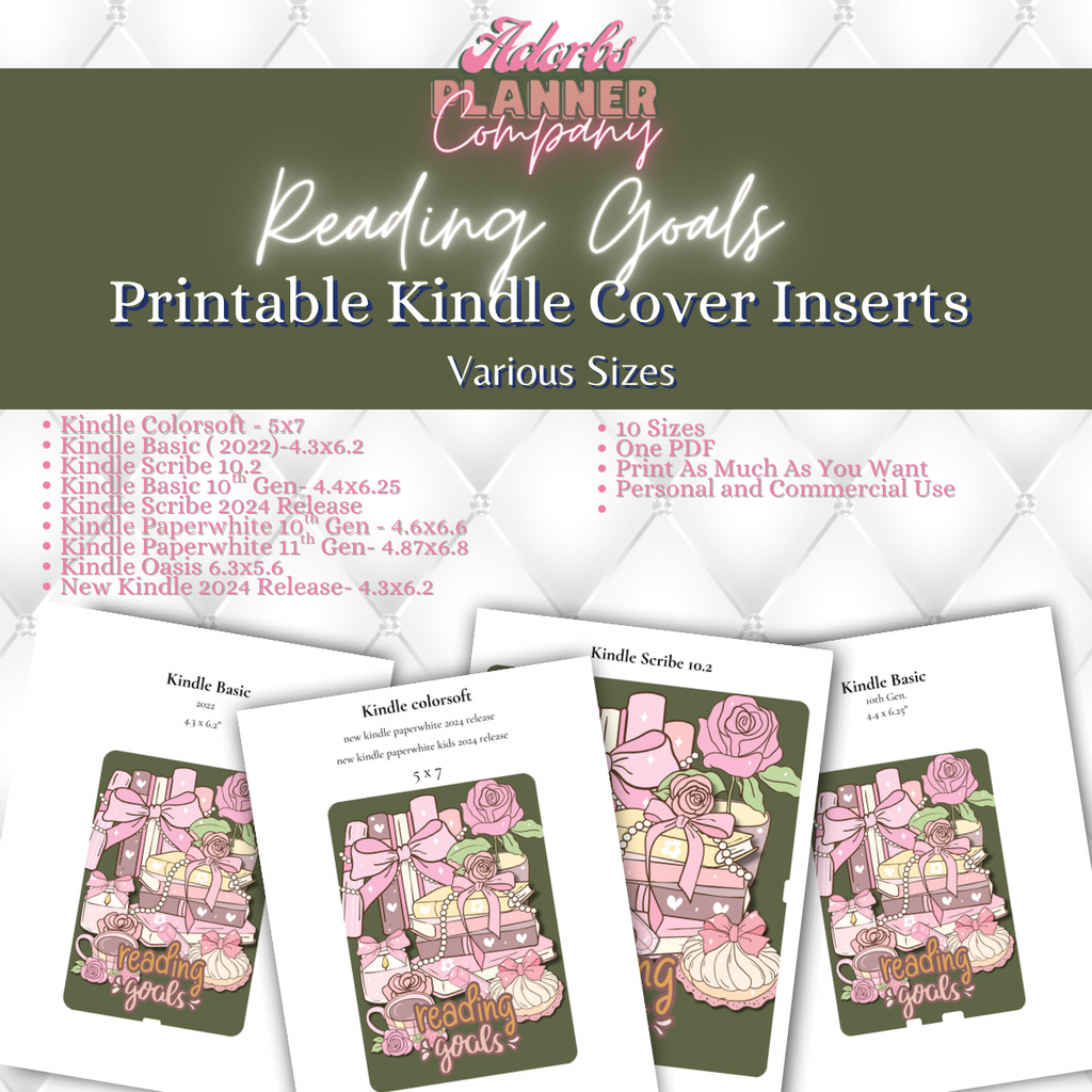 #KNDL01253-Reading Goals Kindle Insert | E-Reader Insert | Book Lover Gift | Bookish Stationery | Printable | INSTANT DOWNLOAD |Various Sizes | Handmade by Adorbs Planner Company