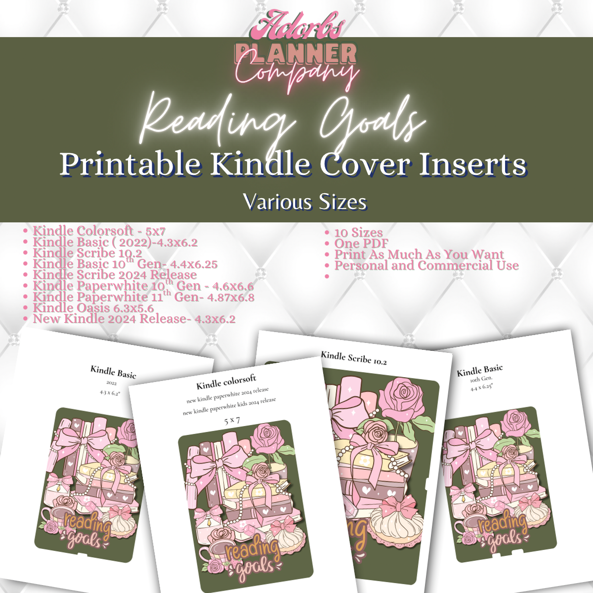 #KNDL01253-Reading Goals Kindle Insert | E-Reader Insert | Book Lover Gift | Bookish Stationery | Printable | INSTANT DOWNLOAD |Various Sizes | Handmade by Adorbs Planner Company