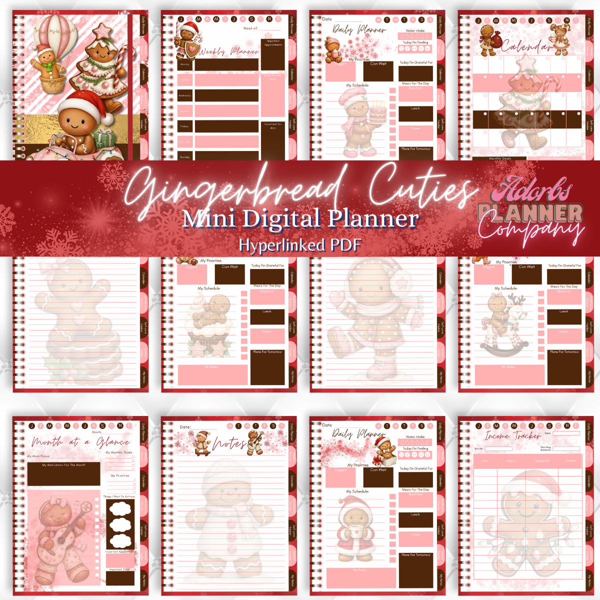 Gingerbreads Cuties | Christmas | Happy Holidays | Undated Digital Mini Planner | PDF | Hyperlinked Tabs | 20 Pages | Income Tracker | Self Care Tracker | Month At A Glance
