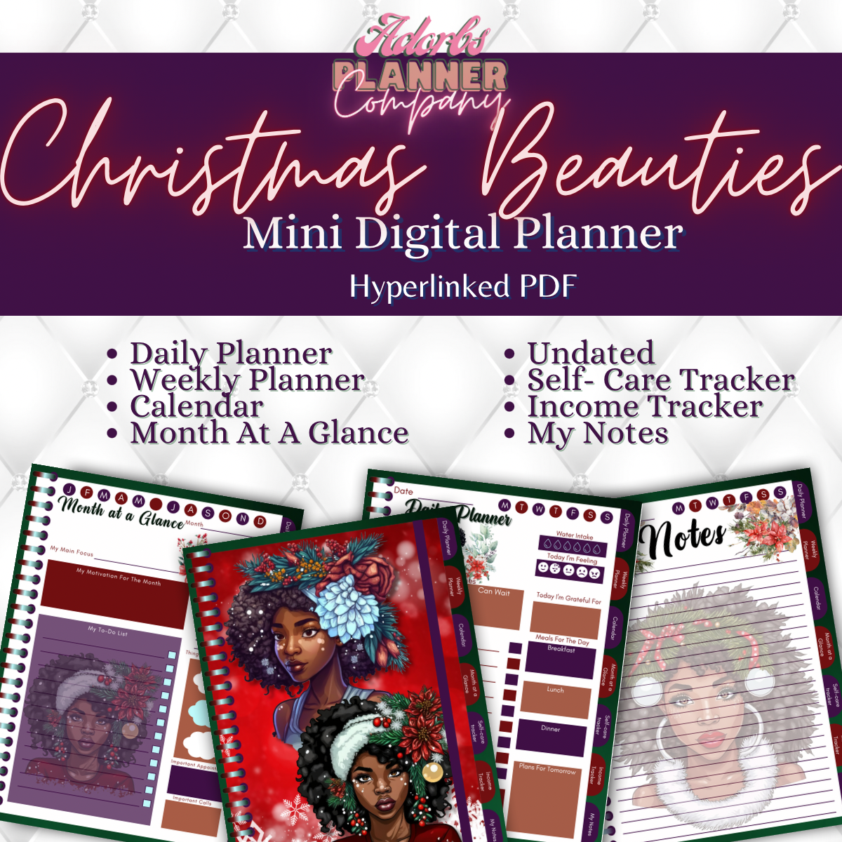 Christmas Beauties | Melanin Beautiful Black Girls Christmas | Happy Holidays | Undated Digital Mini Planner | PDF | Hyperlinked Tabs | 20 Pages | Income Tracker |Self Care Tracker | Month At A Glance