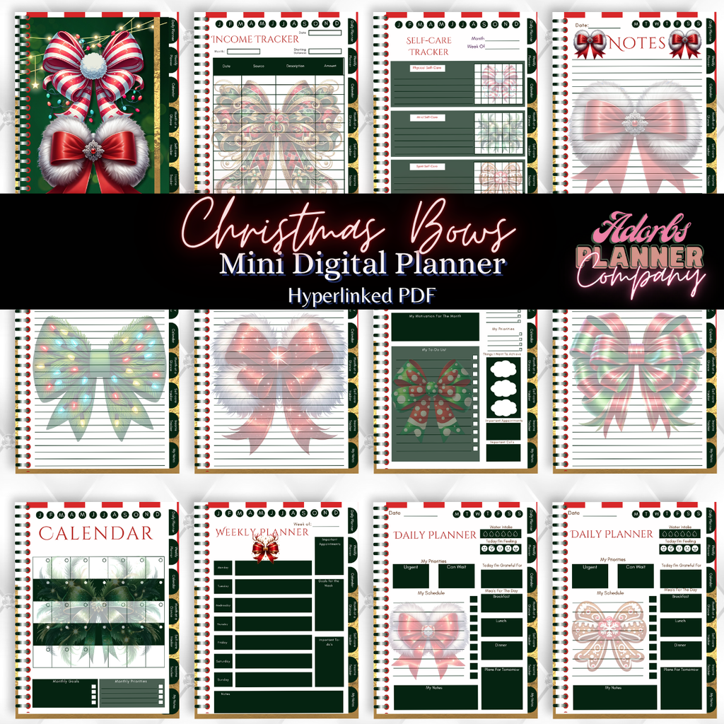 Christmas Bows | Beautiful Christmas | Happy Holidays | Undated Digital Mini Planner | PDF | Hyperlinked Tabs | 20 Pages | Income Tracker |Self Care Tracker | Month At A Glance