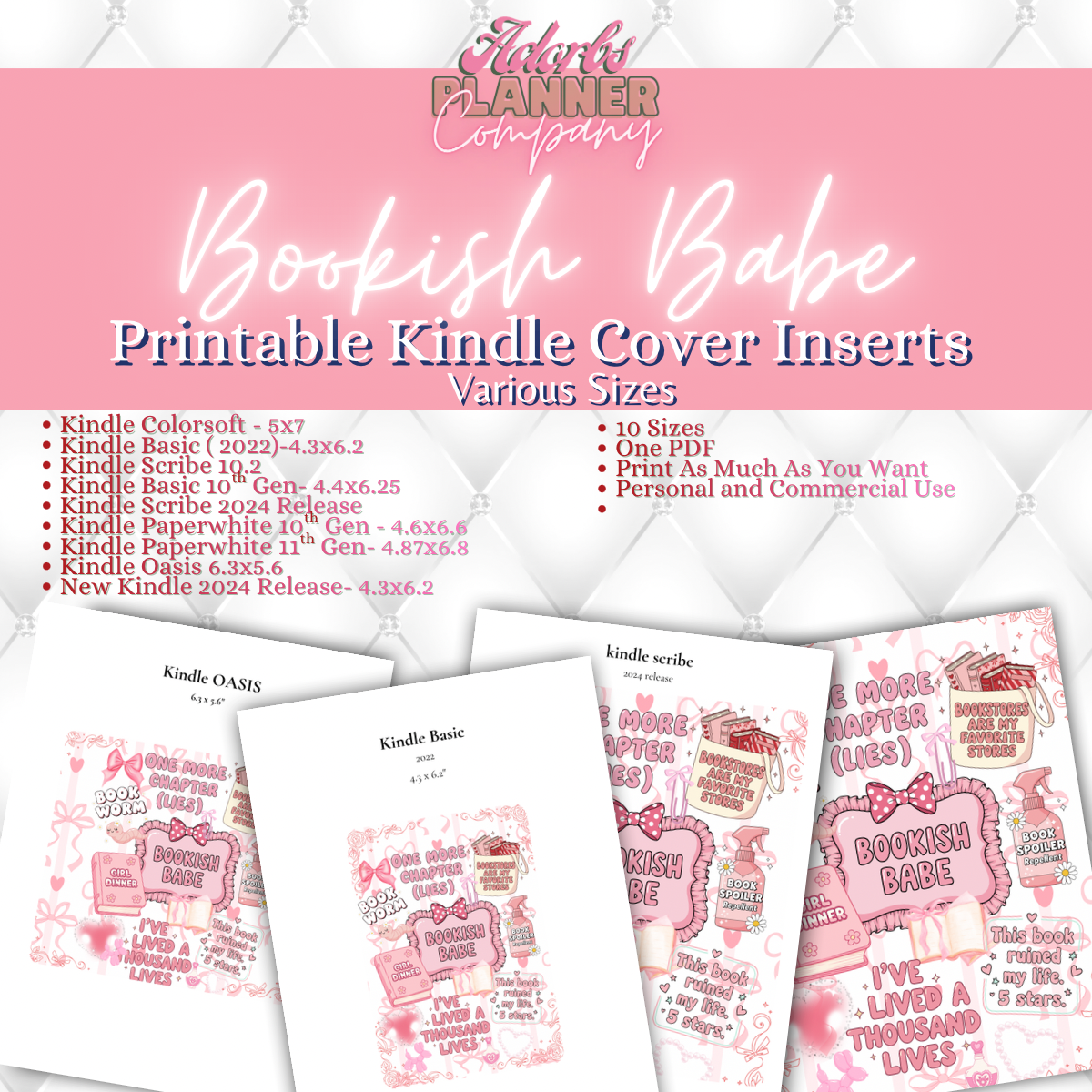 #BKBB202601 Bookish Babe Printable Kindle Insert | 10 Sizes | Personal and Commercial Use | Bookish Accessories | Book Lover | Girlie Design | Pink and White