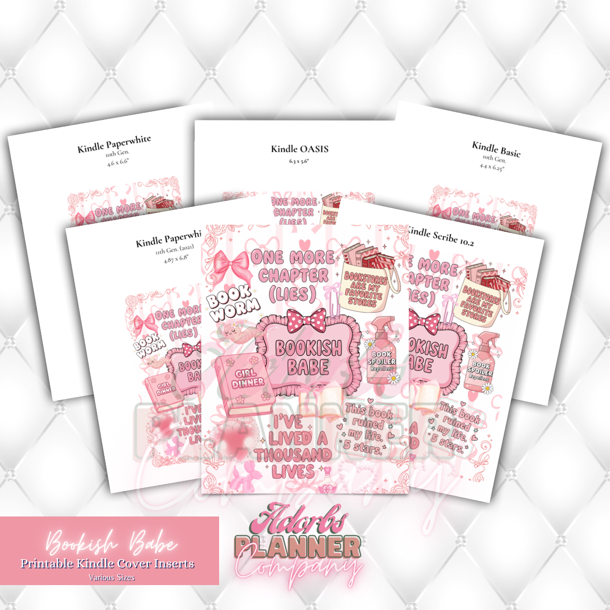 #BKBB202601 Bookish Babe Printable Kindle Insert | 10 Sizes | Personal and Commercial Use | Bookish Accessories | Book Lover | Girlie Design | Pink and White