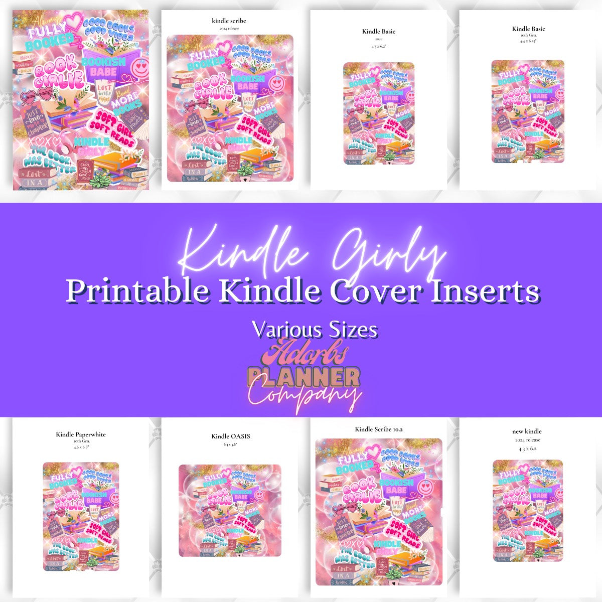 #KNDL01254- Kindle Girly Bookish Printable Kindle Insert | 10 Sizes | Personal and Commercial Use | Bookish Accessories | Book Lover | Girlie Design